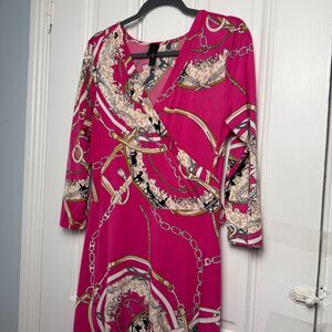 Pink Maxi Dress Womens Large Gold Chain Glam Geometric 3/4 Sleeve Wrap Stretch